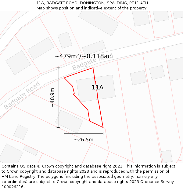 11A, BADGATE ROAD, DONINGTON, SPALDING, PE11 4TH: Plot and title map