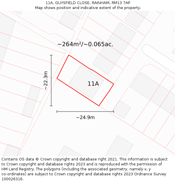 11A, GUYSFIELD CLOSE, RAINHAM, RM13 7AP: Plot and title map