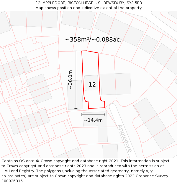 12, APPLEDORE, BICTON HEATH, SHREWSBURY, SY3 5PR: Plot and title map