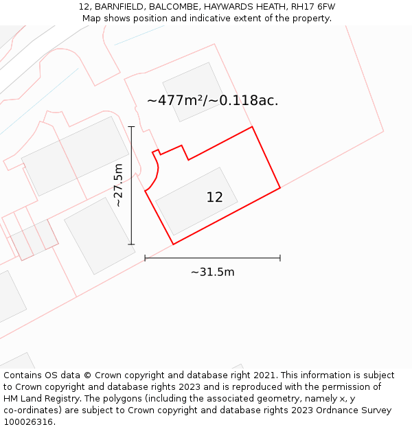 12, BARNFIELD, BALCOMBE, HAYWARDS HEATH, RH17 6FW: Plot and title map