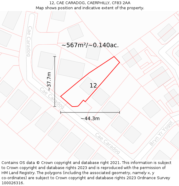 12, CAE CARADOG, CAERPHILLY, CF83 2AA: Plot and title map