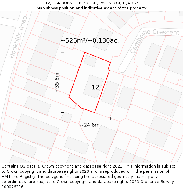 12, CAMBORNE CRESCENT, PAIGNTON, TQ4 7NY: Plot and title map