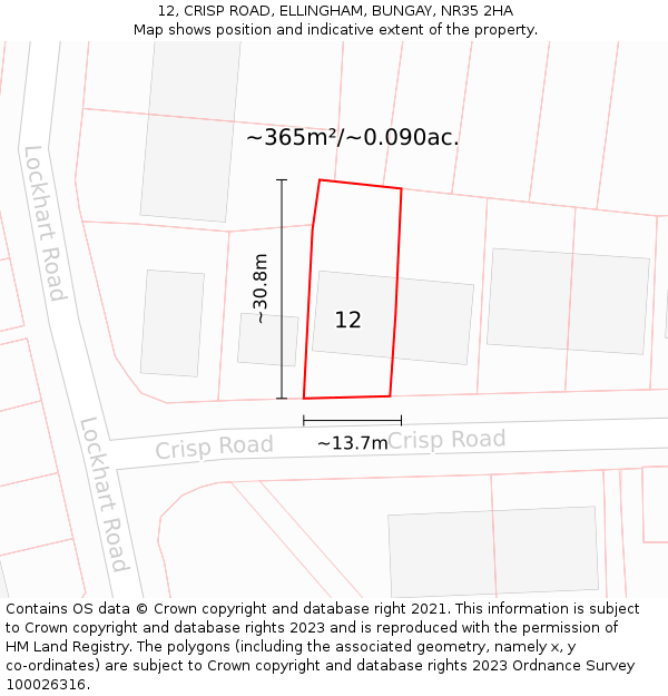 12, CRISP ROAD, ELLINGHAM, BUNGAY, NR35 2HA: Plot and title map