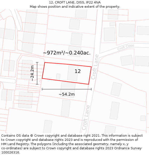 12, CROFT LANE, DISS, IP22 4NA: Plot and title map