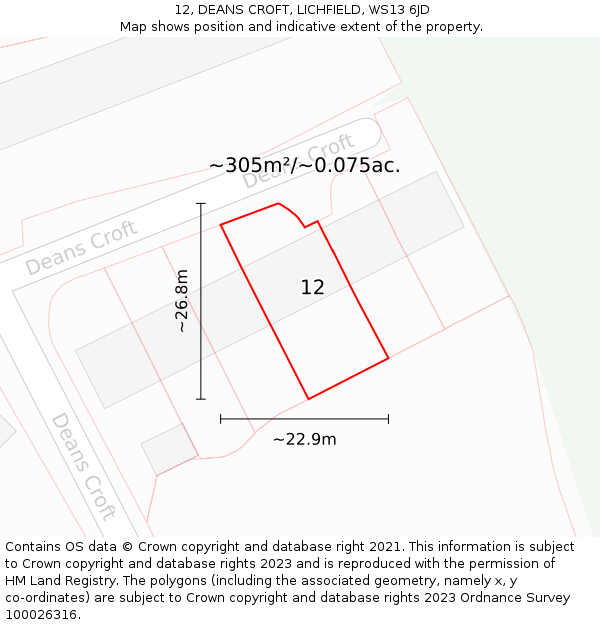 12, DEANS CROFT, LICHFIELD, WS13 6JD: Plot and title map