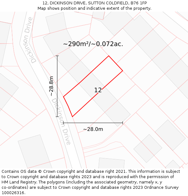 12, DICKINSON DRIVE, SUTTON COLDFIELD, B76 1FP: Plot and title map