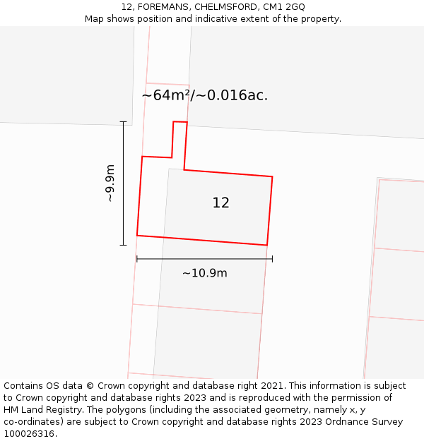 12, FOREMANS, CHELMSFORD, CM1 2GQ: Plot and title map