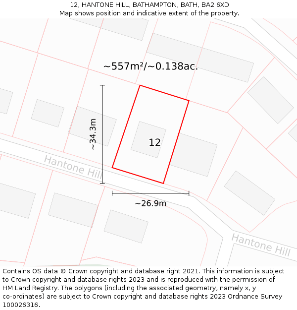 12, HANTONE HILL, BATHAMPTON, BATH, BA2 6XD: Plot and title map