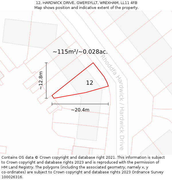 12, HARDWICK DRIVE, GWERSYLLT, WREXHAM, LL11 4FB: Plot and title map