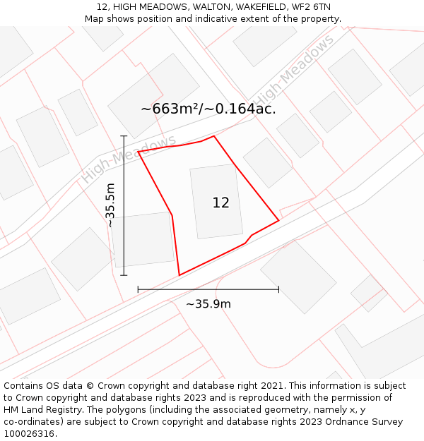 12, HIGH MEADOWS, WALTON, WAKEFIELD, WF2 6TN: Plot and title map