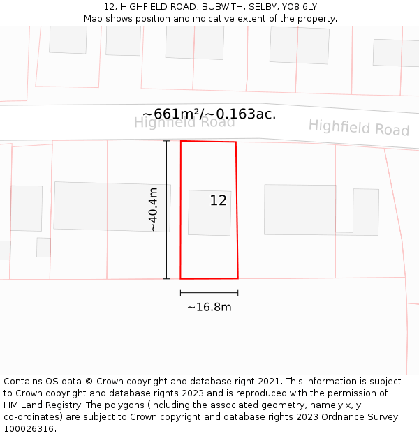 12, HIGHFIELD ROAD, BUBWITH, SELBY, YO8 6LY: Plot and title map