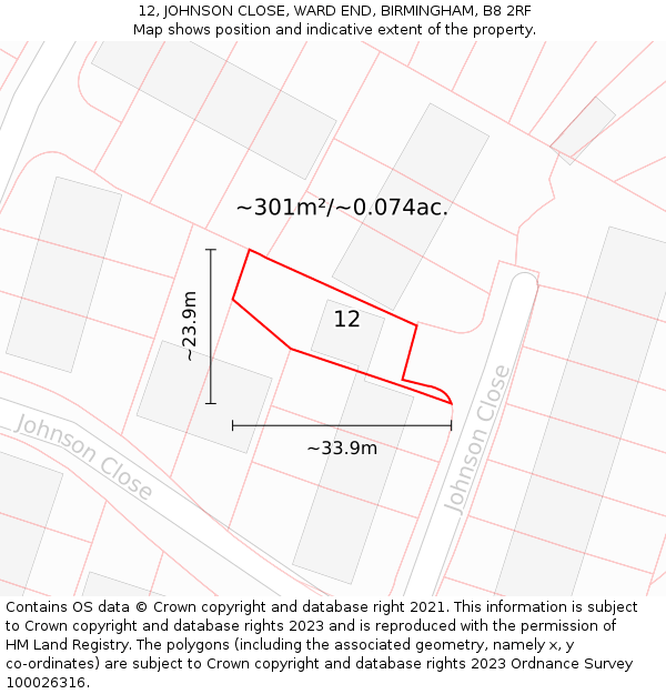 12, JOHNSON CLOSE, WARD END, BIRMINGHAM, B8 2RF: Plot and title map