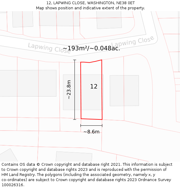 12, LAPWING CLOSE, WASHINGTON, NE38 0ET: Plot and title map