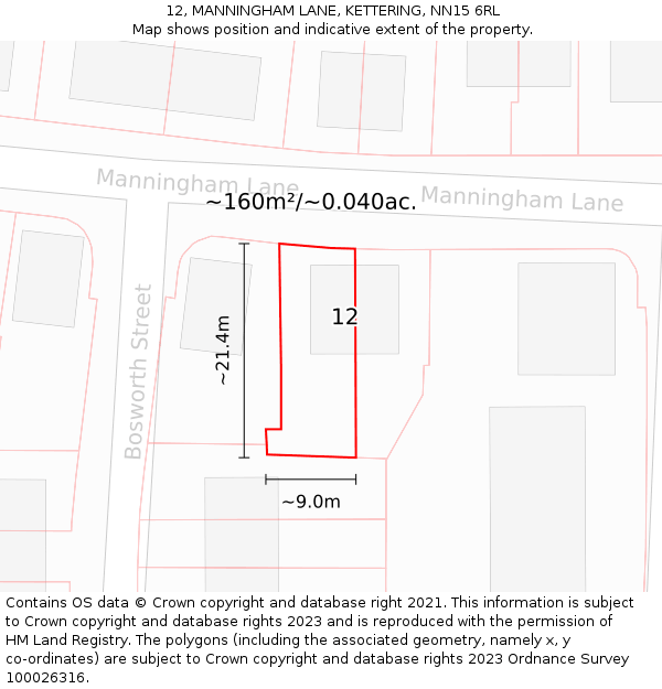 12, MANNINGHAM LANE, KETTERING, NN15 6RL: Plot and title map