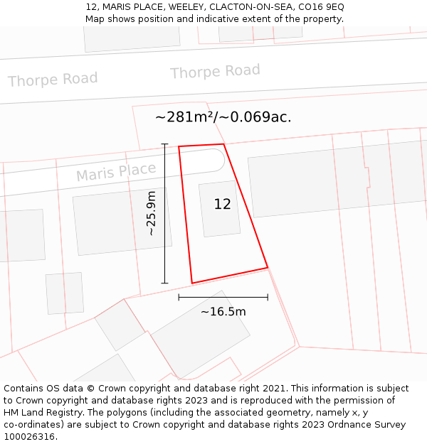 12, MARIS PLACE, WEELEY, CLACTON-ON-SEA, CO16 9EQ: Plot and title map