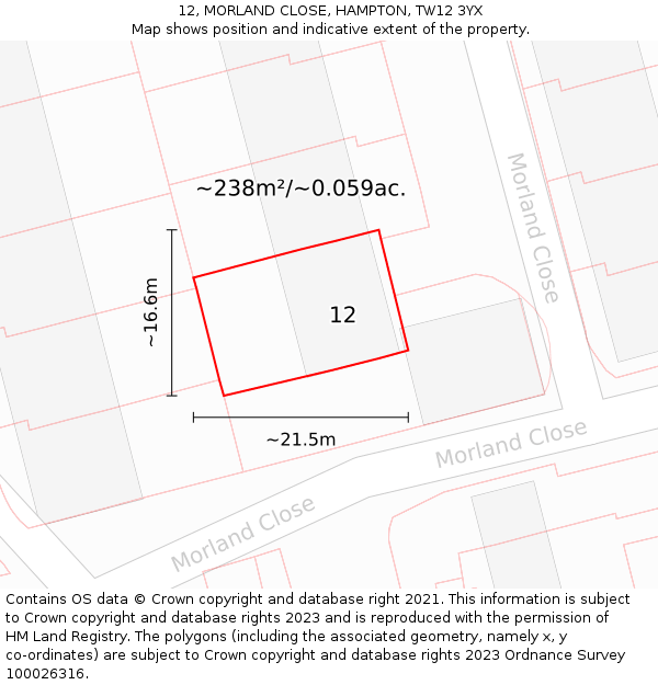 12, MORLAND CLOSE, HAMPTON, TW12 3YX: Plot and title map