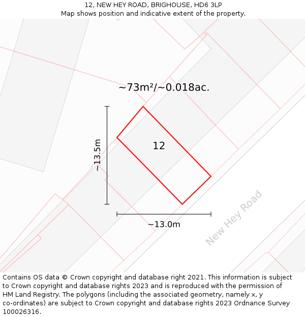 12, NEW HEY ROAD, BRIGHOUSE, HD6 3LP: Plot and title map