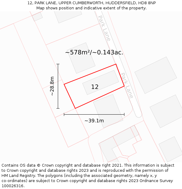 12, PARK LANE, UPPER CUMBERWORTH, HUDDERSFIELD, HD8 8NP: Plot and title map