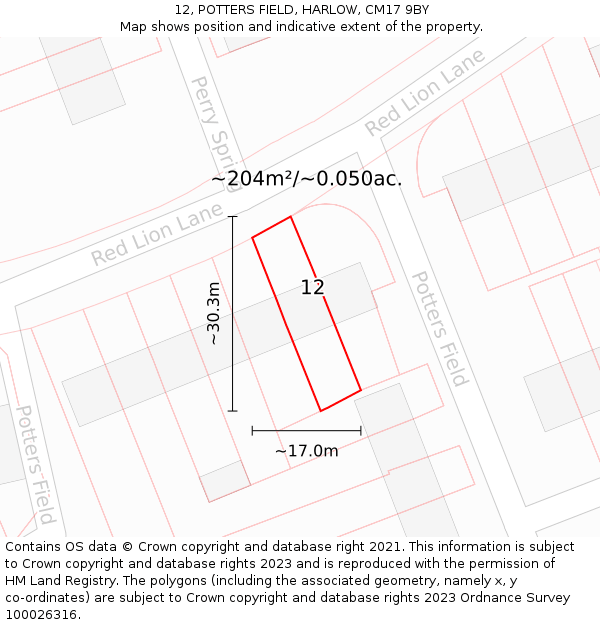 12, POTTERS FIELD, HARLOW, CM17 9BY: Plot and title map