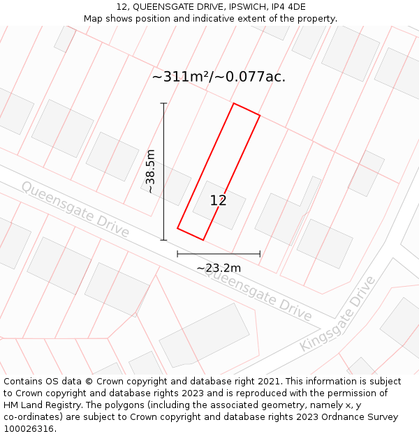 12, QUEENSGATE DRIVE, IPSWICH, IP4 4DE: Plot and title map