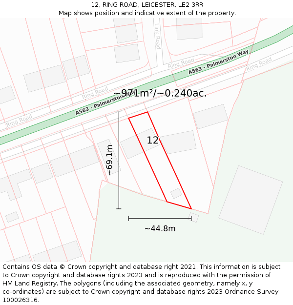 12, RING ROAD, LEICESTER, LE2 3RR: Plot and title map