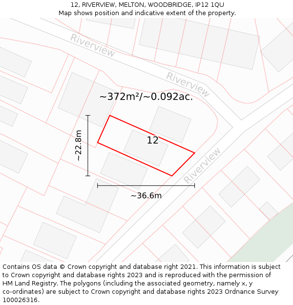 12, RIVERVIEW, MELTON, WOODBRIDGE, IP12 1QU: Plot and title map