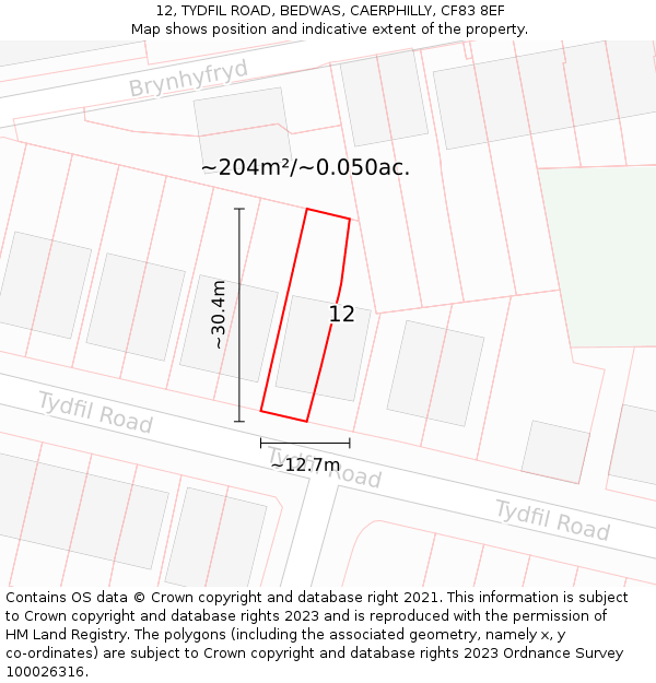 12, TYDFIL ROAD, BEDWAS, CAERPHILLY, CF83 8EF: Plot and title map