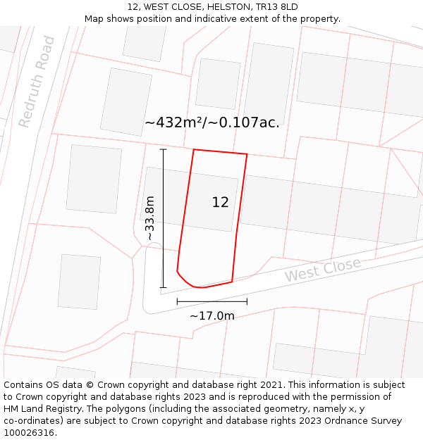12, WEST CLOSE, HELSTON, TR13 8LD: Plot and title map