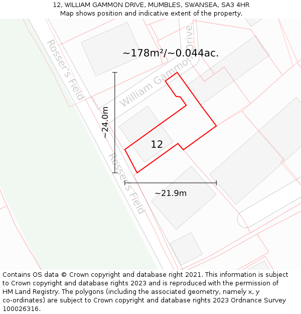 12, WILLIAM GAMMON DRIVE, MUMBLES, SWANSEA, SA3 4HR: Plot and title map