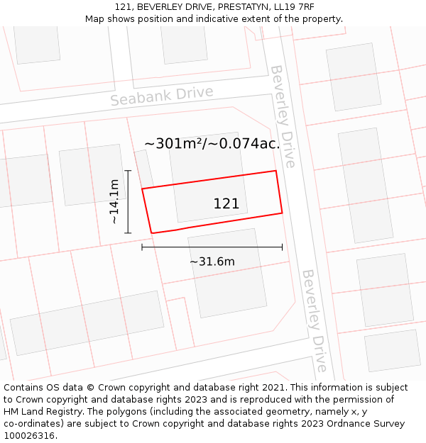121, BEVERLEY DRIVE, PRESTATYN, LL19 7RF: Plot and title map