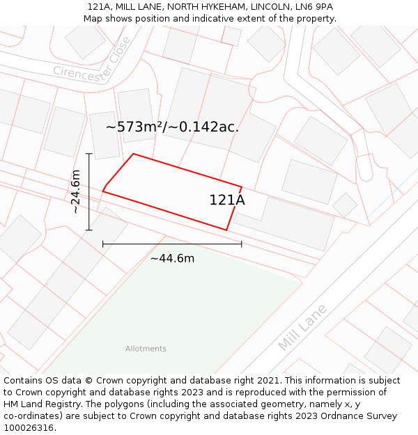 121A, MILL LANE, NORTH HYKEHAM, LINCOLN, LN6 9PA: Plot and title map