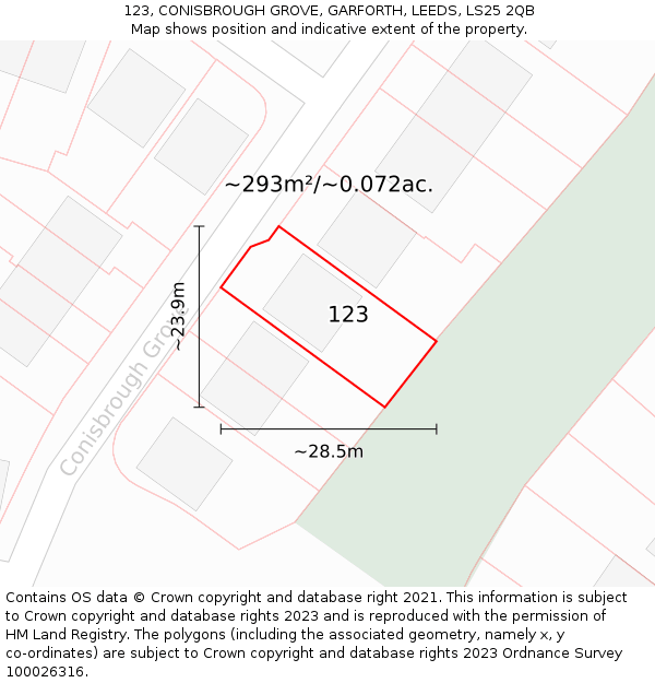 123, CONISBROUGH GROVE, GARFORTH, LEEDS, LS25 2QB: Plot and title map
