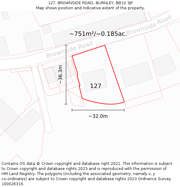 127, BROWNSIDE ROAD, BURNLEY, BB10 3JP: Plot and title map