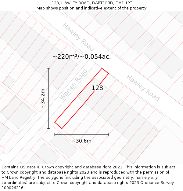 128, HAWLEY ROAD, DARTFORD, DA1 1PT: Plot and title map