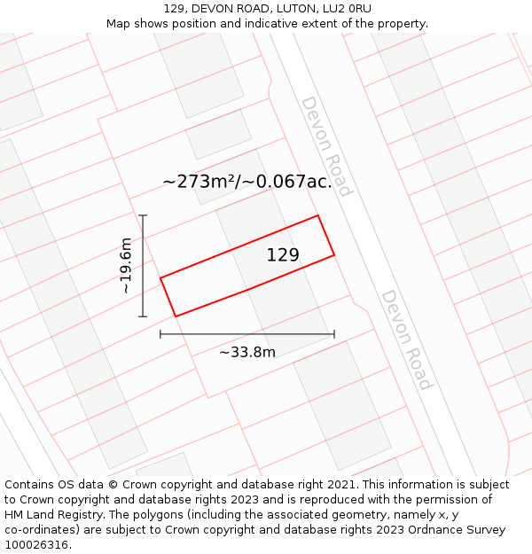 129, DEVON ROAD, LUTON, LU2 0RU: Plot and title map
