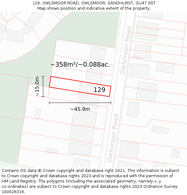 129, OWLSMOOR ROAD, OWLSMOOR, SANDHURST, GU47 0ST: Plot and title map