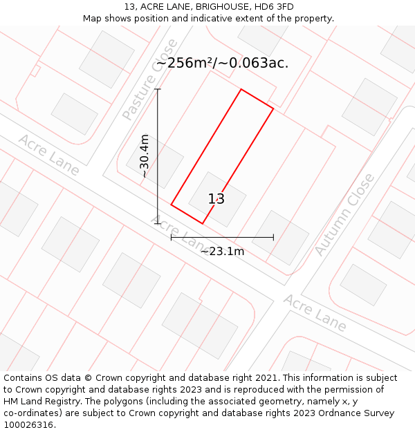 13, ACRE LANE, BRIGHOUSE, HD6 3FD: Plot and title map