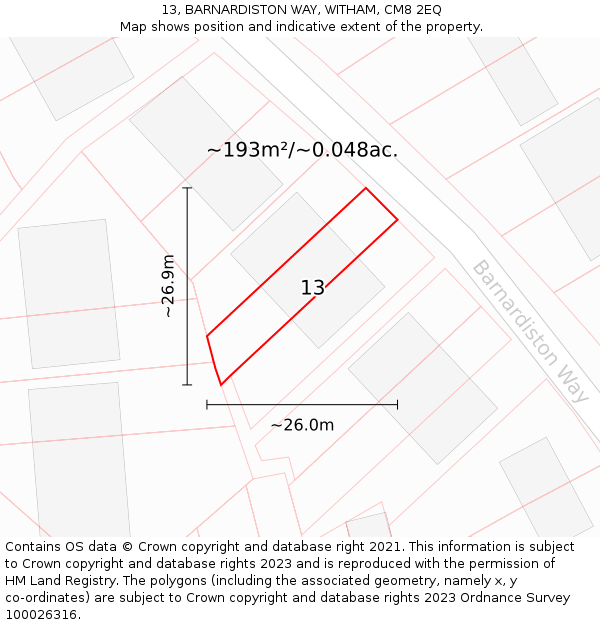 13, BARNARDISTON WAY, WITHAM, CM8 2EQ: Plot and title map