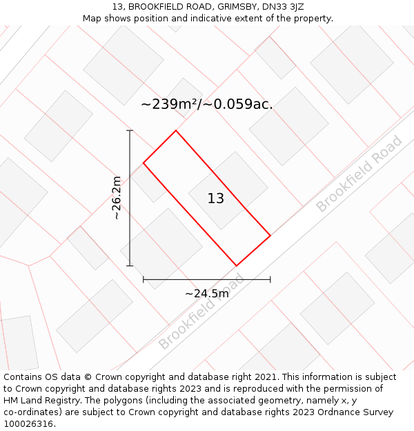 13, BROOKFIELD ROAD, GRIMSBY, DN33 3JZ: Plot and title map
