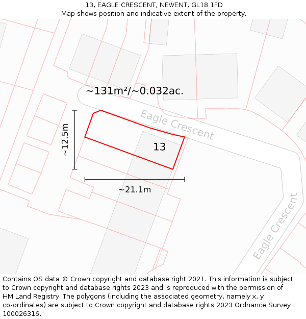 13, EAGLE CRESCENT, NEWENT, GL18 1FD: Plot and title map