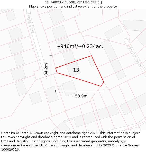 13, FAIROAK CLOSE, KENLEY, CR8 5LJ: Plot and title map