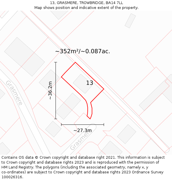 13, GRASMERE, TROWBRIDGE, BA14 7LL: Plot and title map