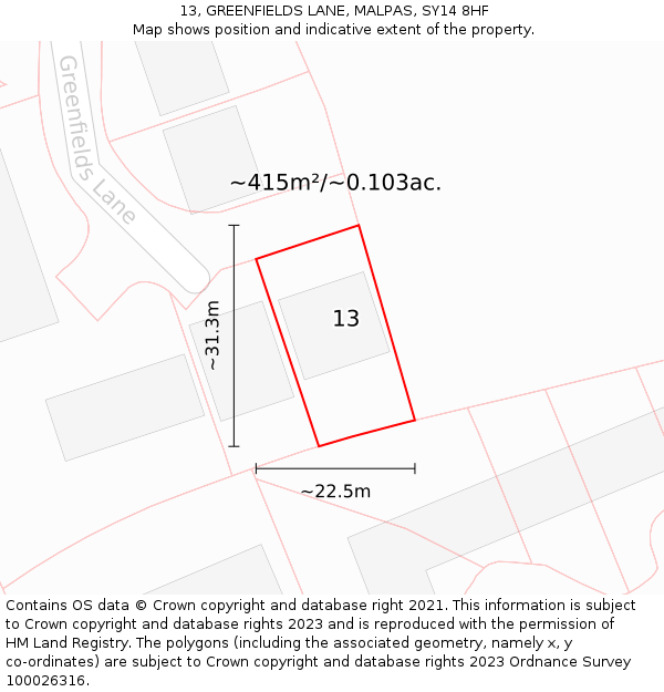 13, GREENFIELDS LANE, MALPAS, SY14 8HF: Plot and title map
