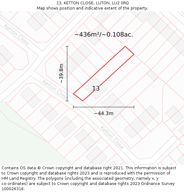 13, KETTON CLOSE, LUTON, LU2 0RQ: Plot and title map