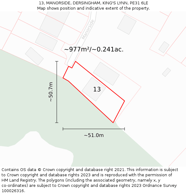 13, MANORSIDE, DERSINGHAM, KING'S LYNN, PE31 6LE: Plot and title map