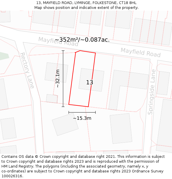 13, MAYFIELD ROAD, LYMINGE, FOLKESTONE, CT18 8HL: Plot and title map