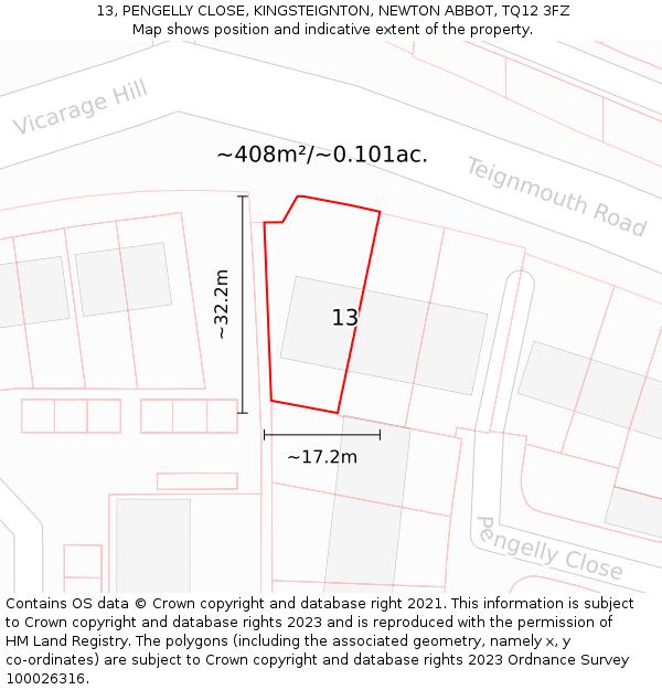 13, PENGELLY CLOSE, KINGSTEIGNTON, NEWTON ABBOT, TQ12 3FZ: Plot and title map