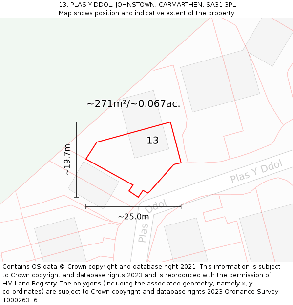 13, PLAS Y DDOL, JOHNSTOWN, CARMARTHEN, SA31 3PL: Plot and title map