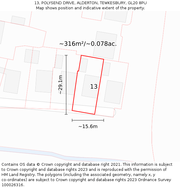 13, POLYSEND DRIVE, ALDERTON, TEWKESBURY, GL20 8PU: Plot and title map