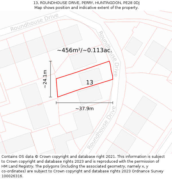 13, ROUNDHOUSE DRIVE, PERRY, HUNTINGDON, PE28 0DJ: Plot and title map